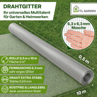 TTL GARDEN Drahtgitter 6,3mm Masche 0,5m x 10m Rolle...