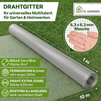TTL GARDEN Drahtgitter 6,3mm Masche 1m x 10m Rolle...