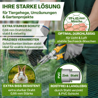 TTL GARDEN Hasendraht Drahtgitter 25x45mm Masche 1m x 25m Draht Ø 0,66mm verzinkt + grün PVC beschichtet auf Rolle + Handschuhe & 100x Krampen verzinkt - für Zaun Hochbeet Voliere