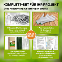 TTL GARDEN Hasendraht Drahtgitter 25x45mm Masche 1m x 25m Draht Ø 0,66mm verzinkt + grün PVC beschichtet auf Rolle + Handschuhe & 100x Krampen verzinkt - für Zaun Hochbeet Voliere