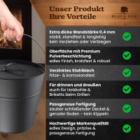 BLACK OAK Ascheeimer Fogo 10L L30xB30xH30cm - mit Deckel, Schaufel & Feger - verzinkter Stahl mit Premium Pulverbeschichtung schwarz