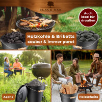 BLACK OAK Ascheeimer Fogo 10L L30xB30xH30cm - mit Deckel, Schaufel & Feger - verzinkter Stahl mit Premium Pulverbeschichtung schwarz