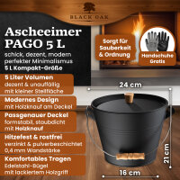 BLACK OAK Ascheeimer Pago 5L - mit Deckel mit Holzknopf, L24xB24xH22cm, verzinkter Stahl mit Premium Pulverbeschichtung schwarz