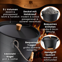BLACK OAK Ascheeimer Pago 5L - mit Deckel mit Holzknopf, L24xB24xH22cm, verzinkter Stahl mit Premium Pulverbeschichtung schwarz