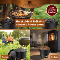 BLACK OAK Ascheeimer Pago 5L - mit Deckel mit Holzknopf, L24xB24xH22cm, verzinkter Stahl mit Premium Pulverbeschichtung schwarz