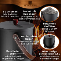 BLACK OAK Ascheeimer Toba 5L - mit Kunstleder-Griff Deckel, L20xB20xH20cm, verzinkter Stahl mit Premium Pulverbeschichtung schwarz