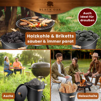 BLACK OAK Ascheeimer Fuego 10L - mit Deckel, Schaufel & Feger mit Holzknopf, L30xB30xH29cm