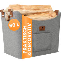 BLACK OAK Holzkorb aus Filz hellgrau – Kaminholz und Brennholz Korb mit Griffen und Echtleder Applikationen_3