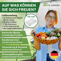 TTL Garden Folientunnel Set "Peak" XL L300xB120xH180cm mit PE Folie 3x3,5 Meter