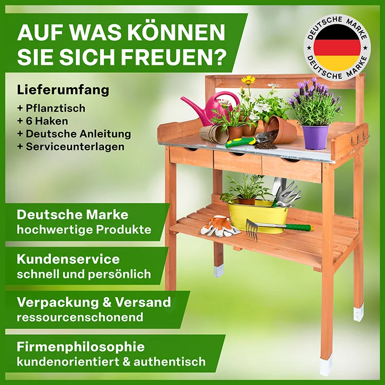 TTL Garden Planter with Galvanized Worktop, Outdoor Garden Table, Weatherproof, with 2 Shelves and 2 Chopping Strips with 6 Hooks, Pine Wood, Brown